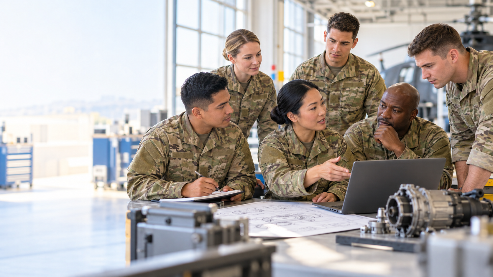 Women and men in military clothing collaborate around a laptop and technical equipment in a bright workshop.