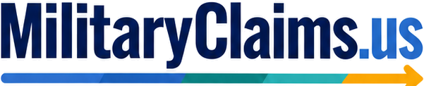 MilitaryClaims.us logo with blue wordmark and multicolor directional underline